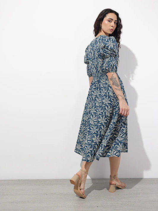 INDICASA Blue V-Neck Midi Cotton Dress