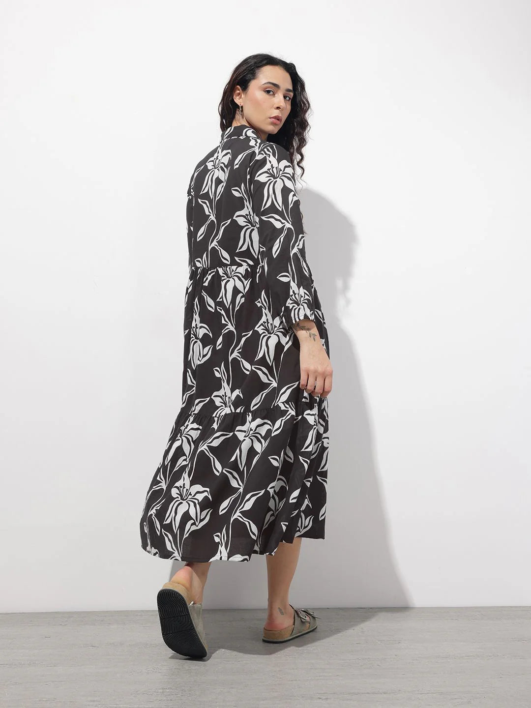 INDICASA Black Shirt Collar Cotton Dress