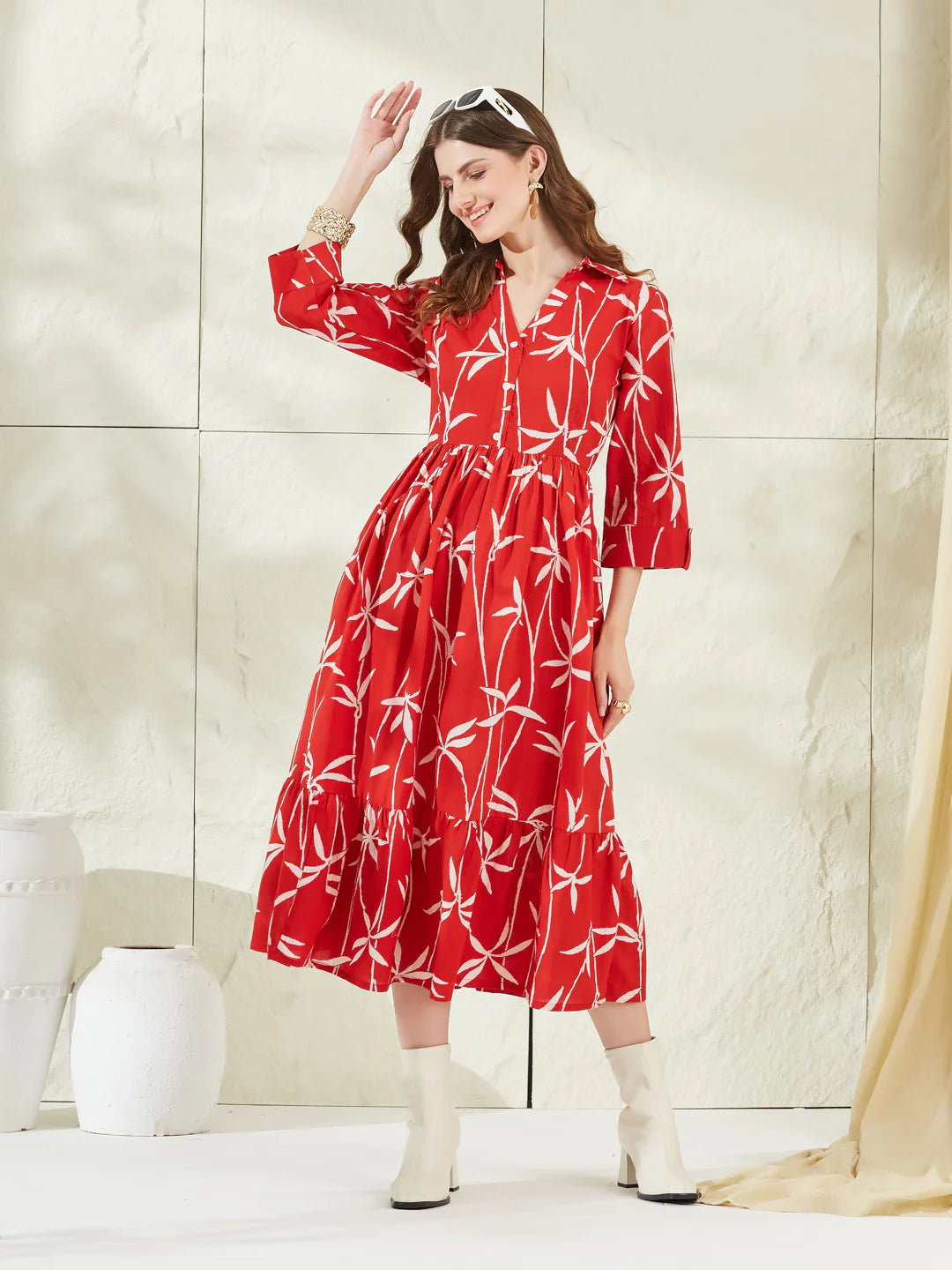 INDICASA Red Cotton Shirt Collar Midi Dress