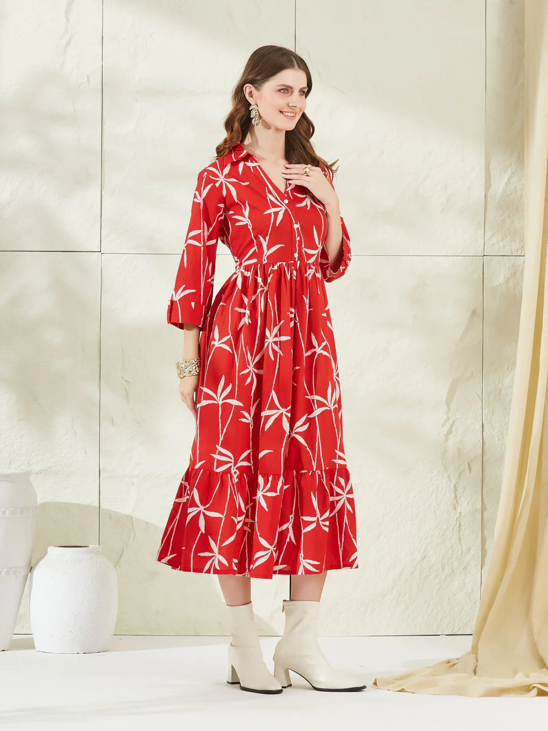INDICASA Red Cotton Shirt Collar Midi Dress