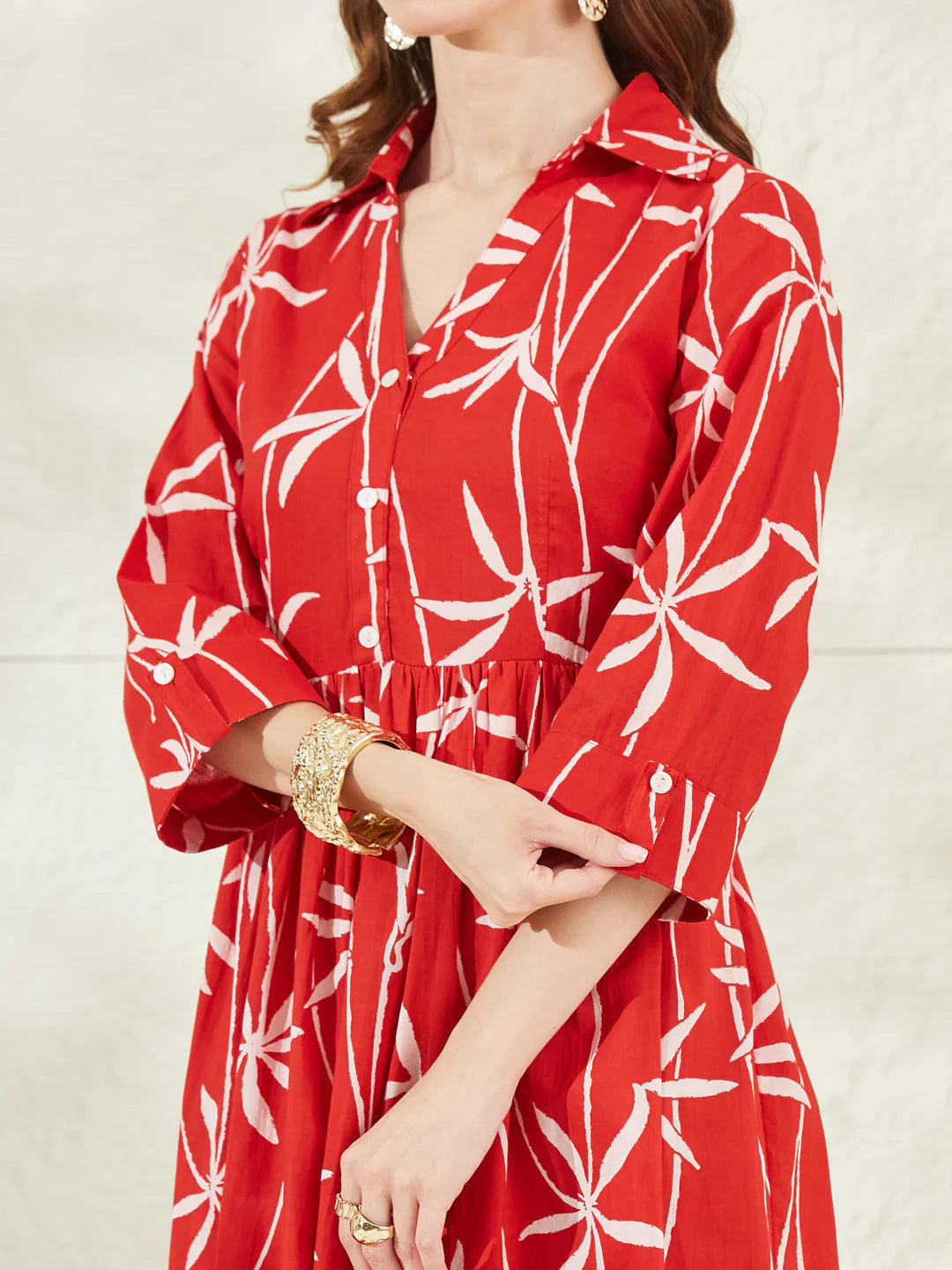 INDICASA Red Cotton Shirt Collar Midi Dress
