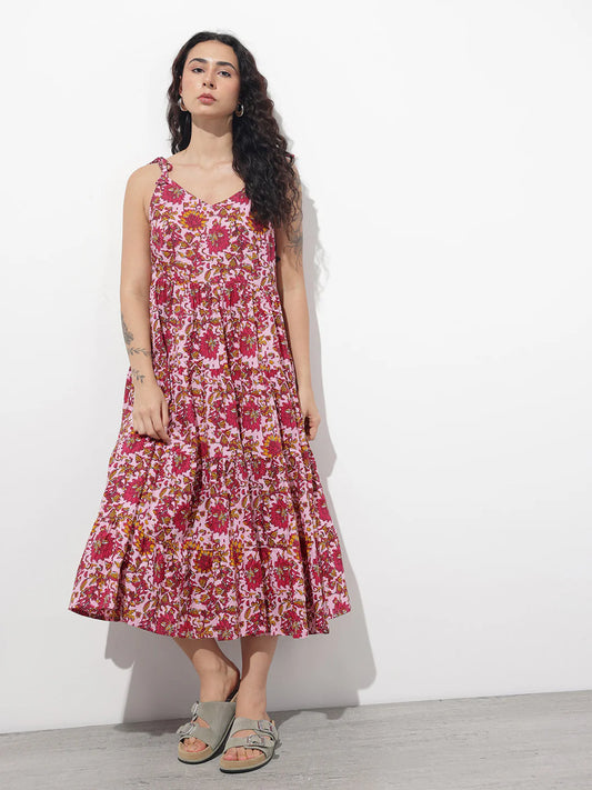 INDICASA Pink Shoulder Strapes Fit & Flared Cotton Dress