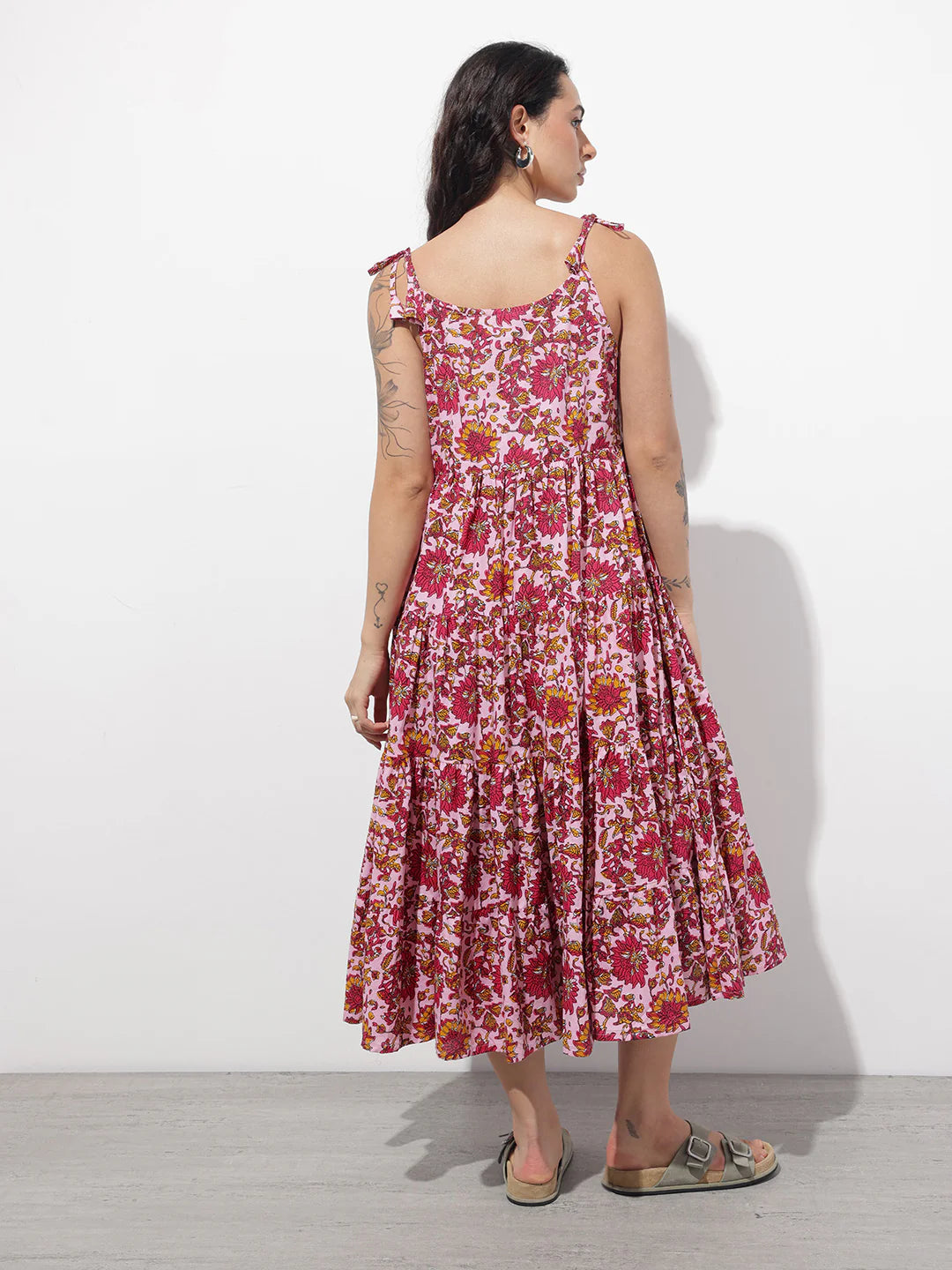 INDICASA Pink Shoulder Strapes Fit & Flared Cotton Dress