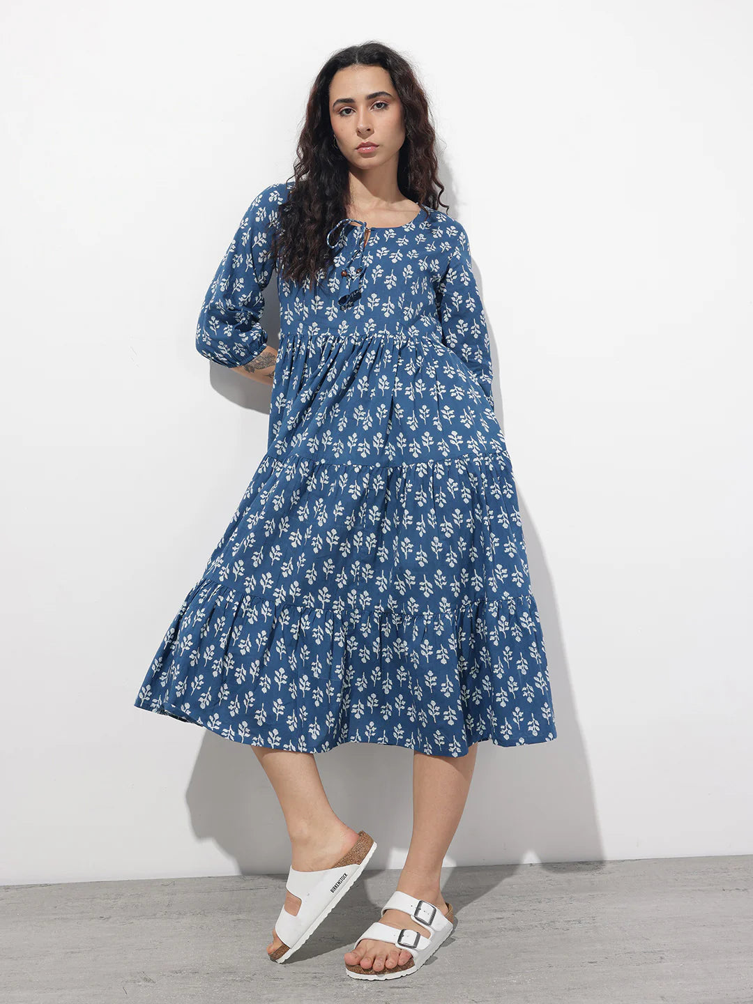 INDICASA Indigo Tie-up Neck Flared Cotton Dress