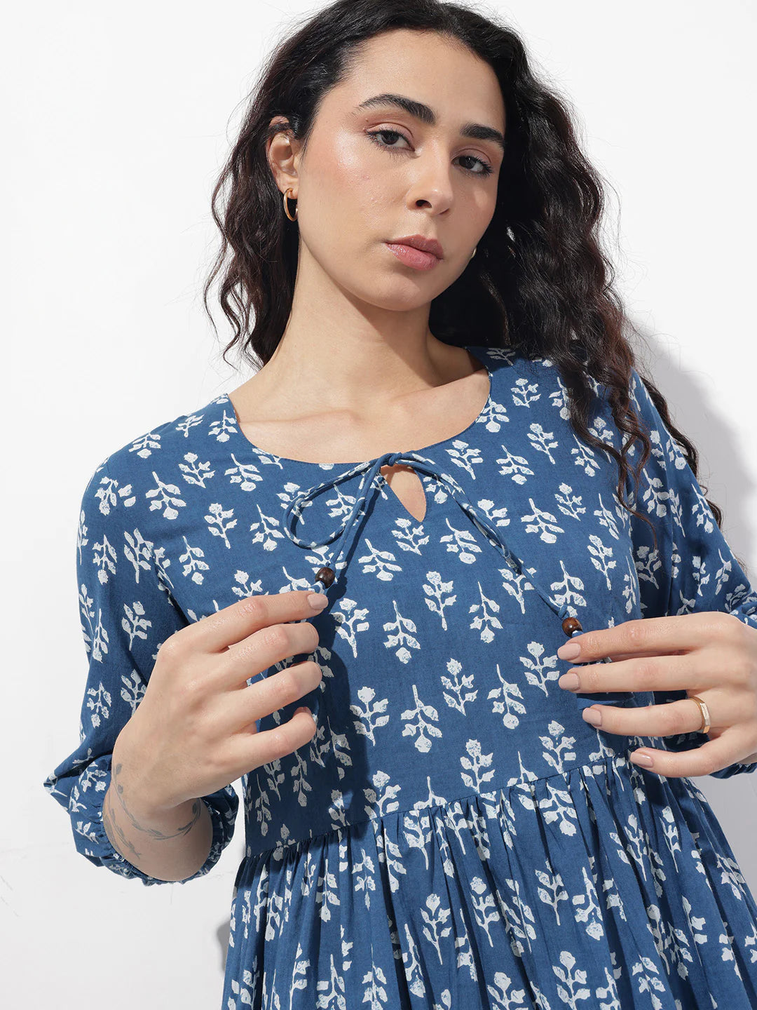 INDICASA Indigo Tie-up Neck Flared Cotton Dress