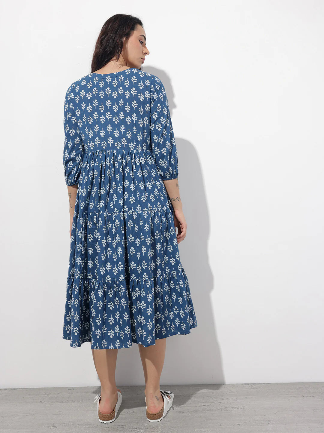 INDICASA Indigo Tie-up Neck Flared Cotton Dress