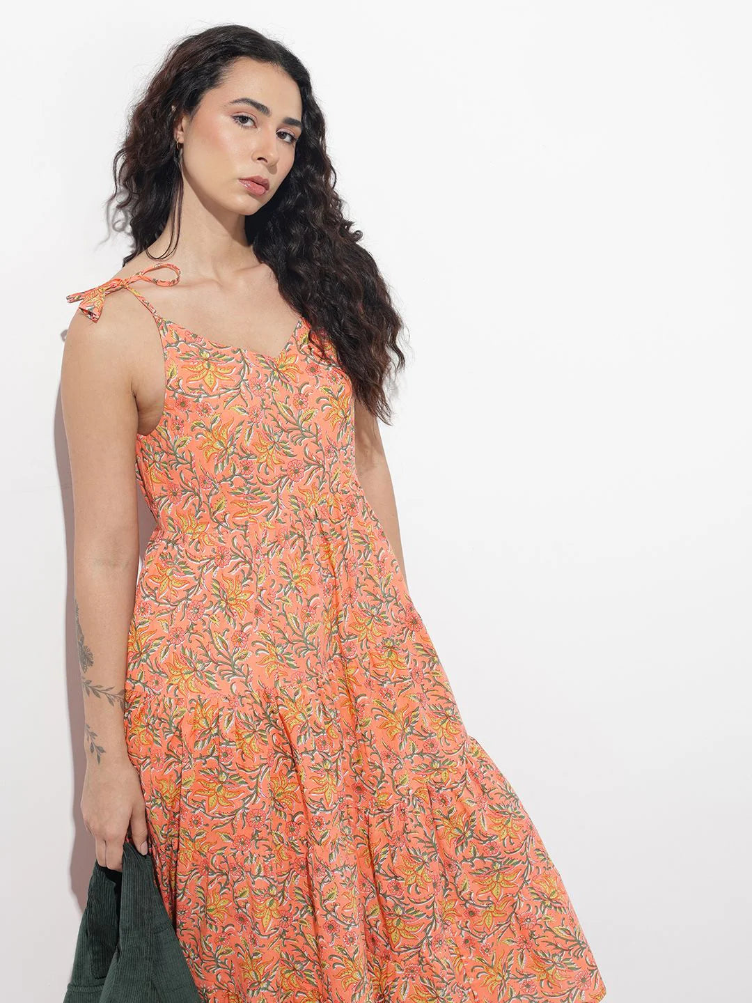 INDICASA Orange Shoulder Strapes Fit & Flared Cotton Dress