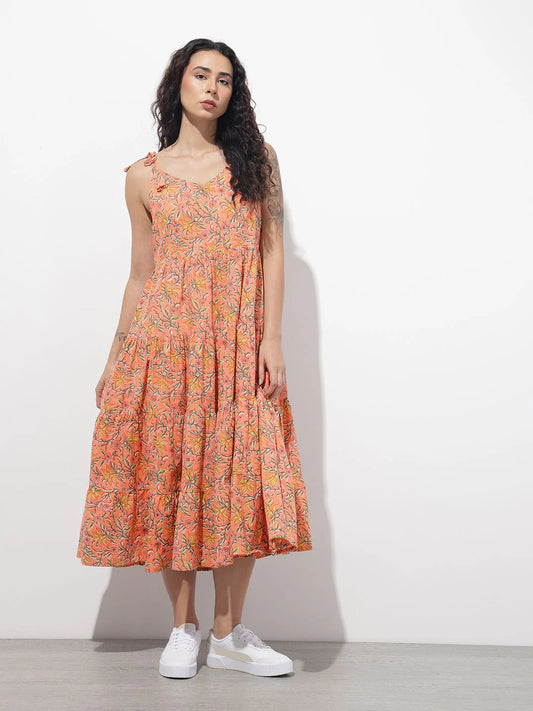 INDICASA Orange Shoulder Strapes Fit & Flared Cotton Dress