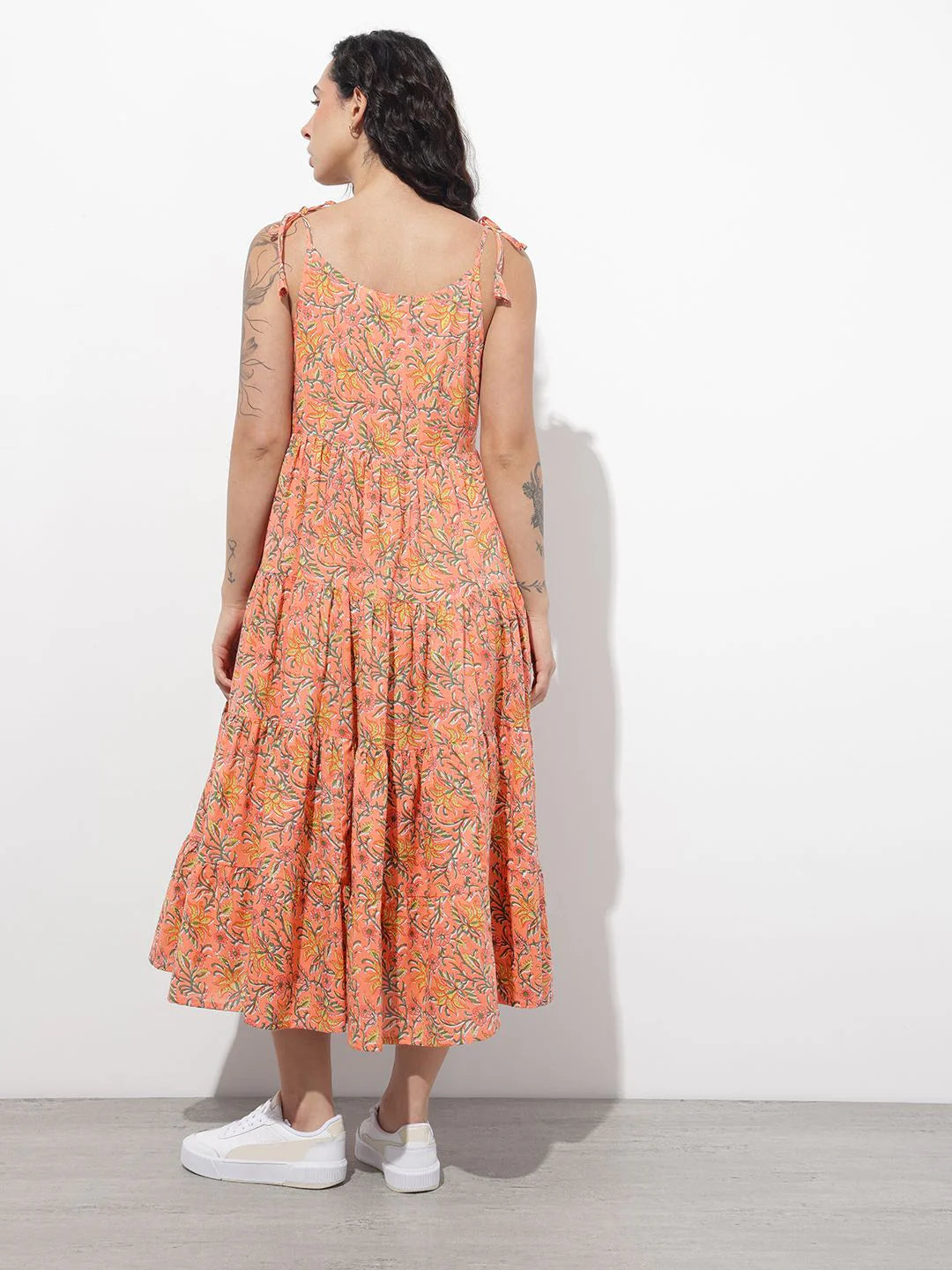 INDICASA Orange Shoulder Strapes Fit & Flared Cotton Dress