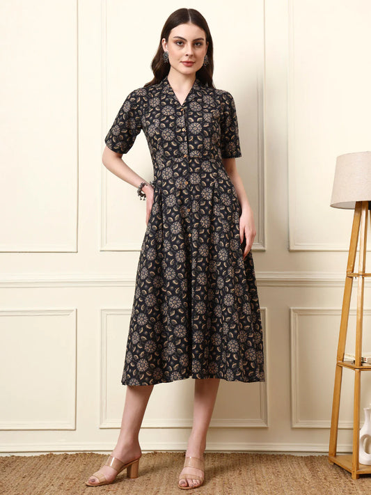 INDICASA Black Shirt Collar Cotton Dress