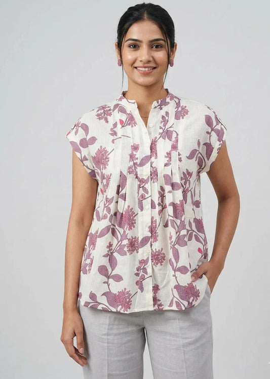 INDICASA White Cotton Purple Floral Top