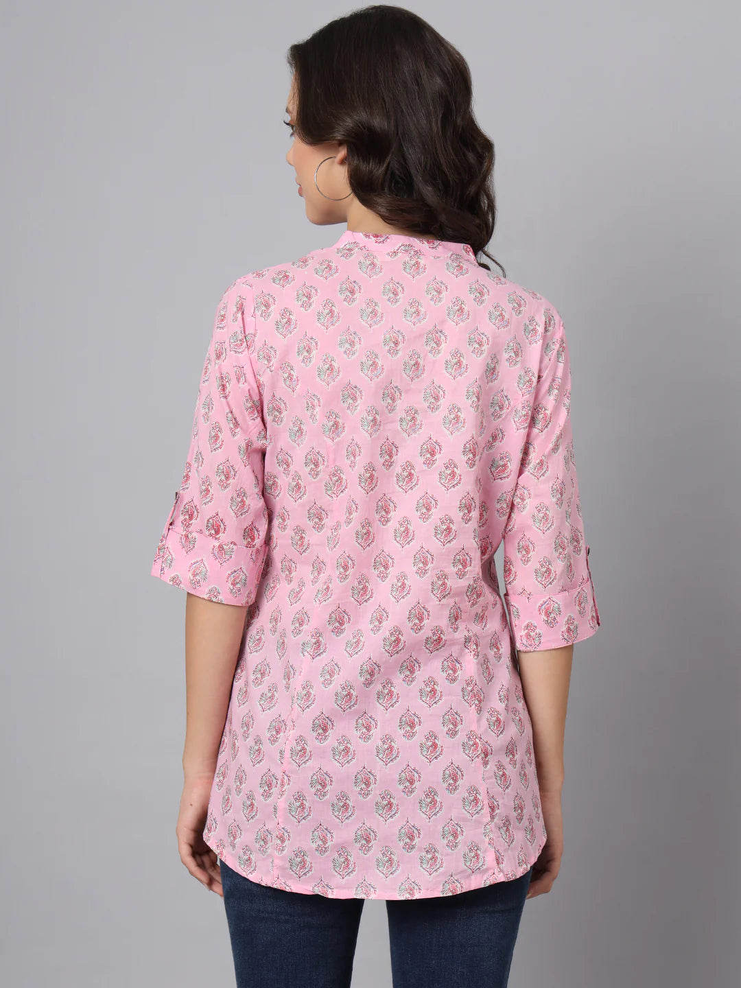 INDICASA Pink Floral Printed Mandarin Collar Roll Up Sleeves