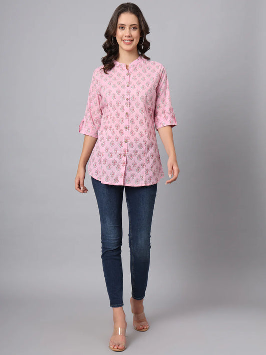 INDICASA Pink Floral Printed Mandarin Collar Roll Up Sleeves