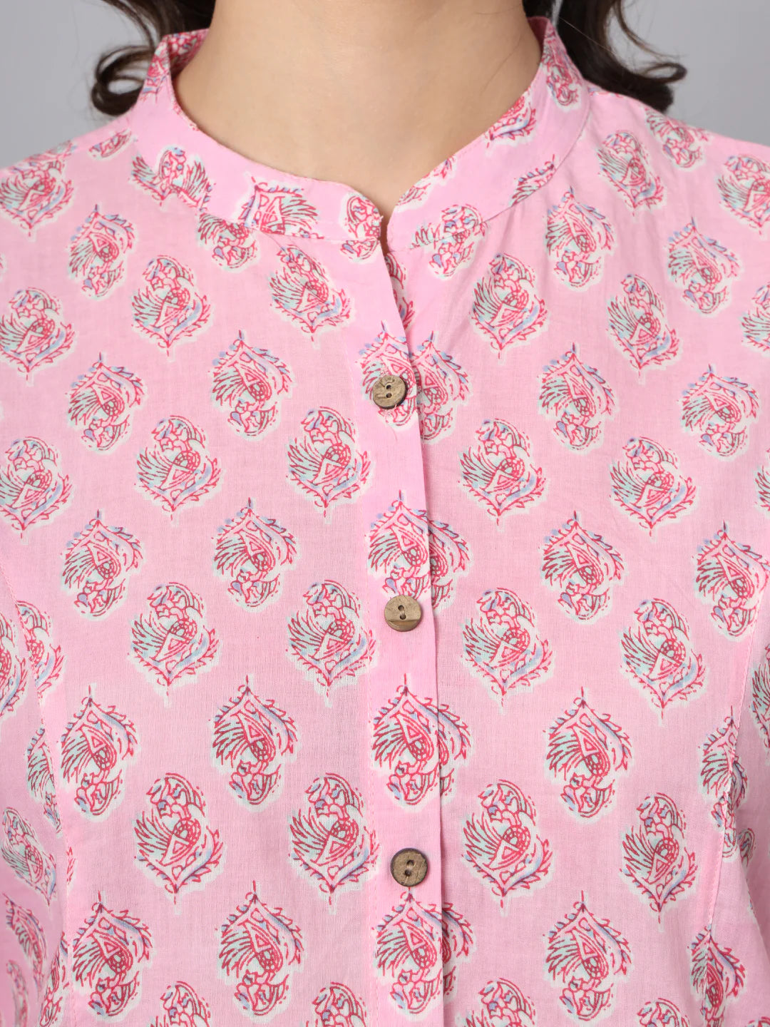 INDICASA Pink Floral Printed Mandarin Collar Roll Up Sleeves