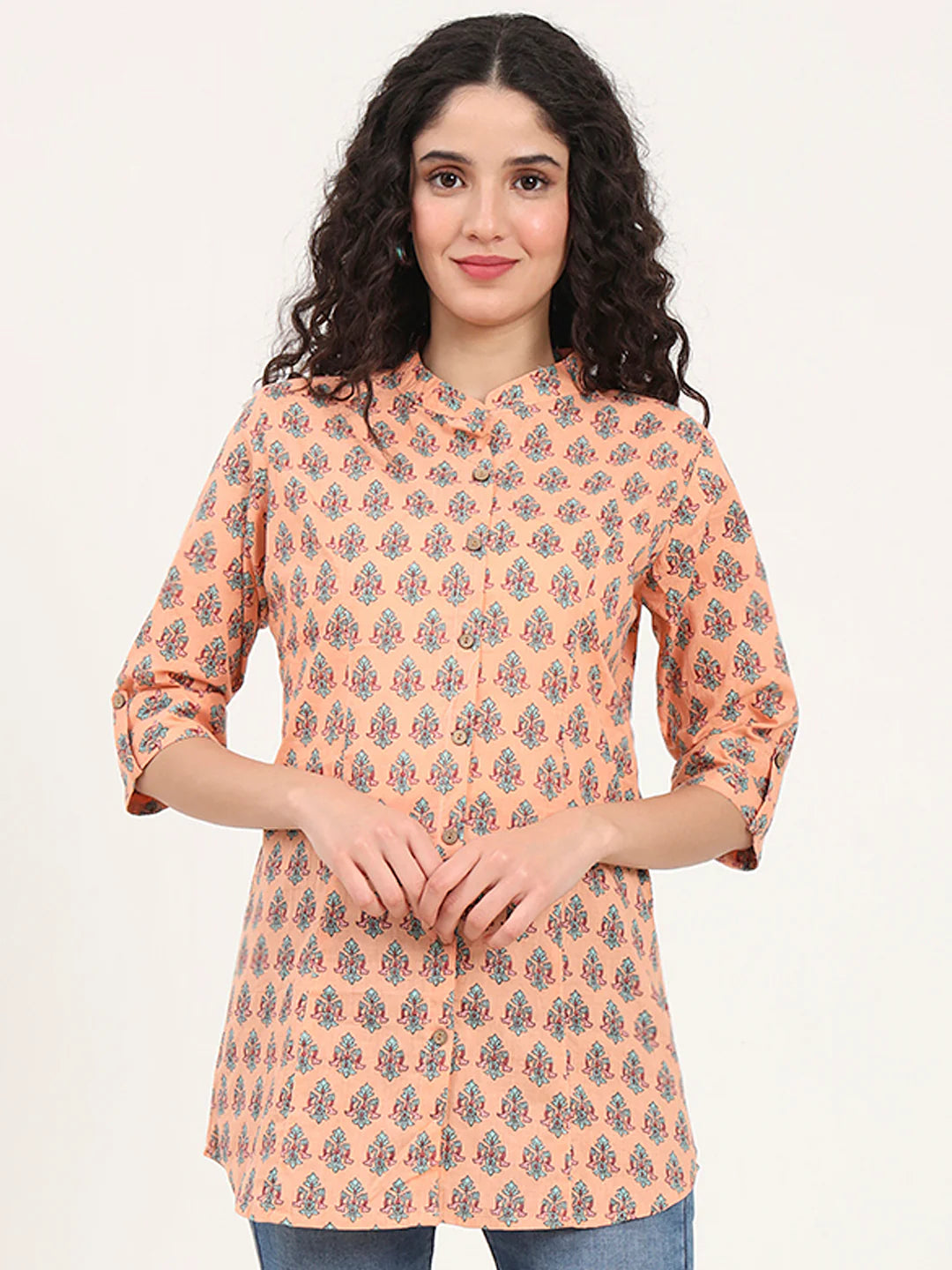 INDICASA Light Orange Floral Printed Cotton Top