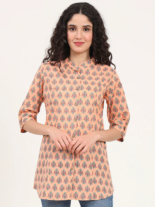 INDICASA Light Orange Floral Printed Cotton Top