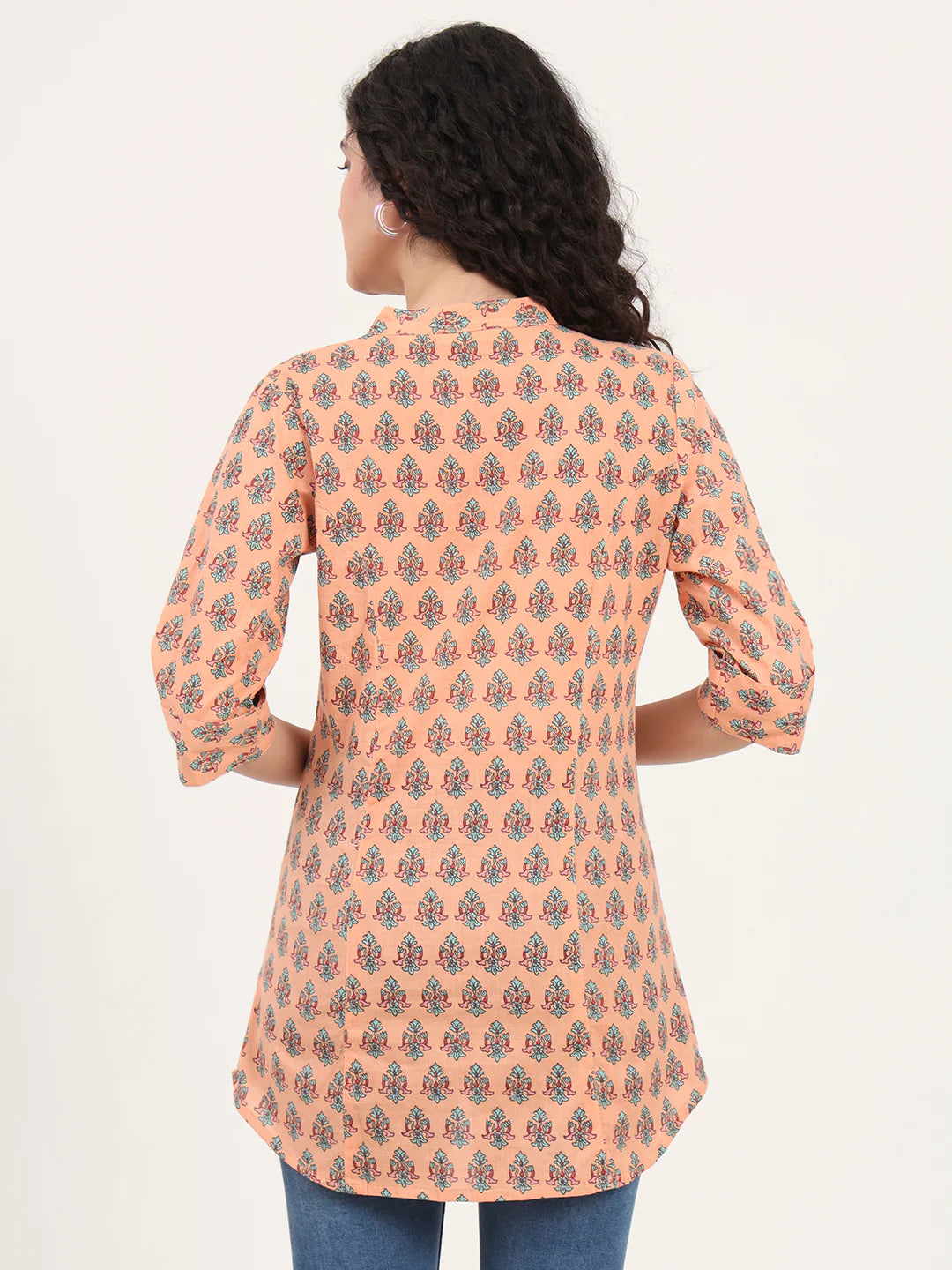 INDICASA Light Orange Floral Printed Cotton Top