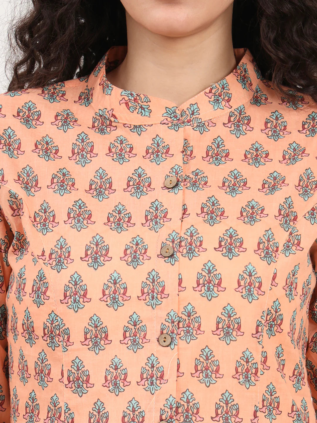 INDICASA Light Orange Floral Printed Cotton Top