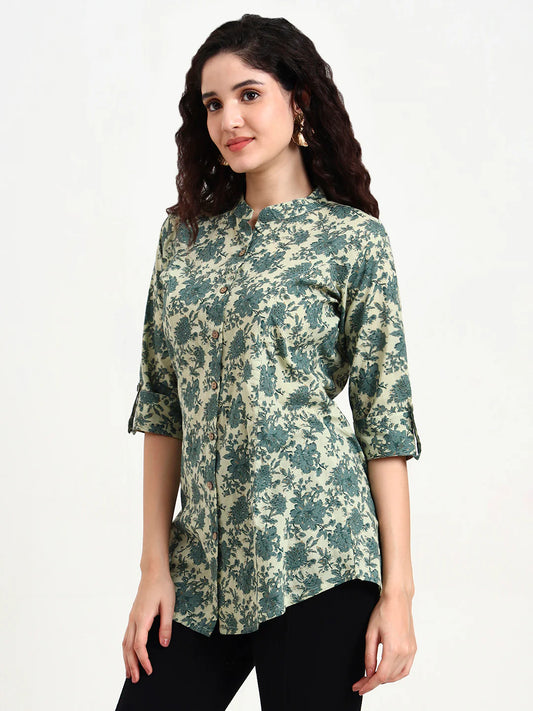 INDICASA Green Floral Print Cotton Top