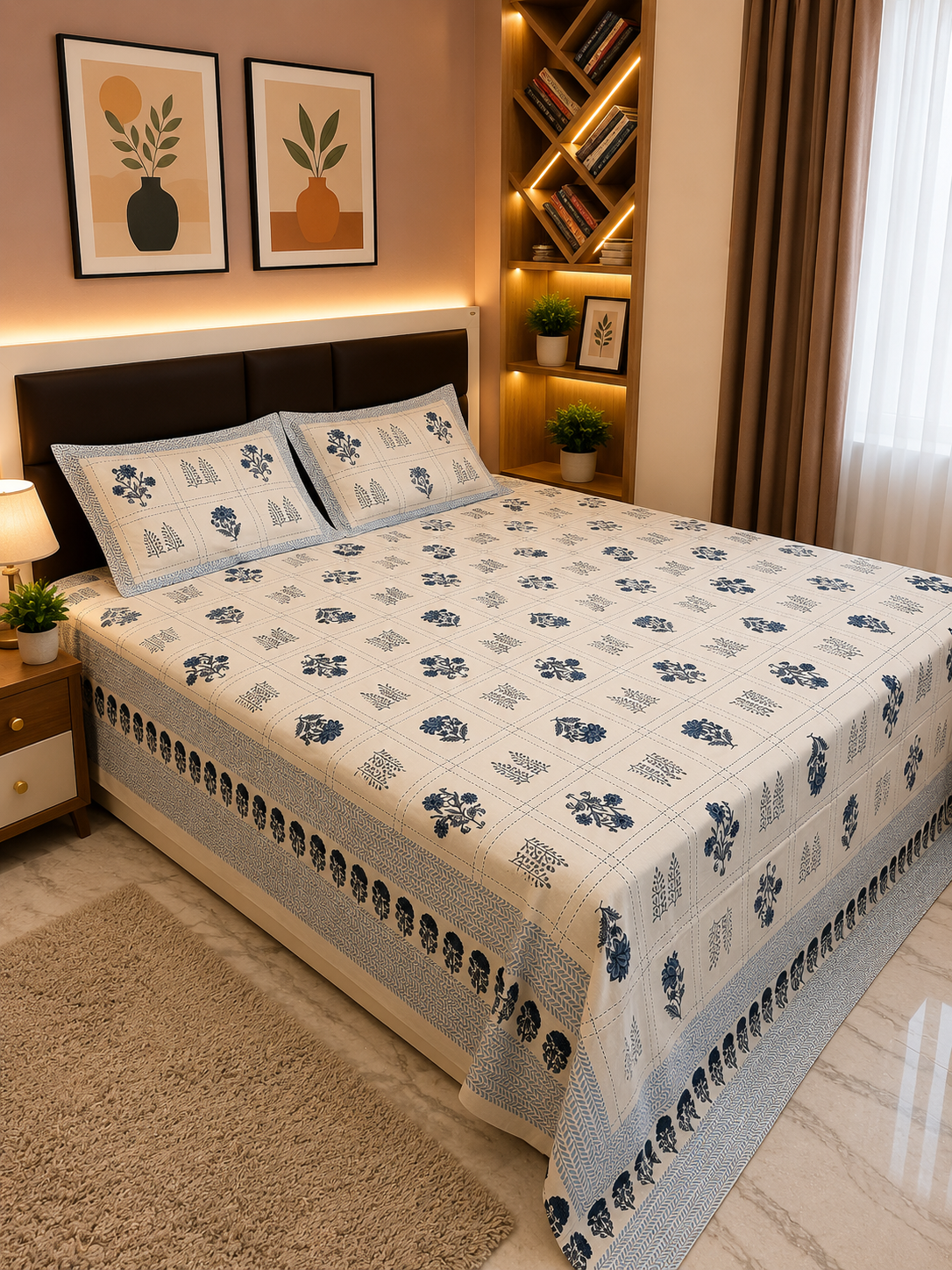 INDICASA Sanganeri Hand Block Printed Super King Bedsheet with 2 pillow covers