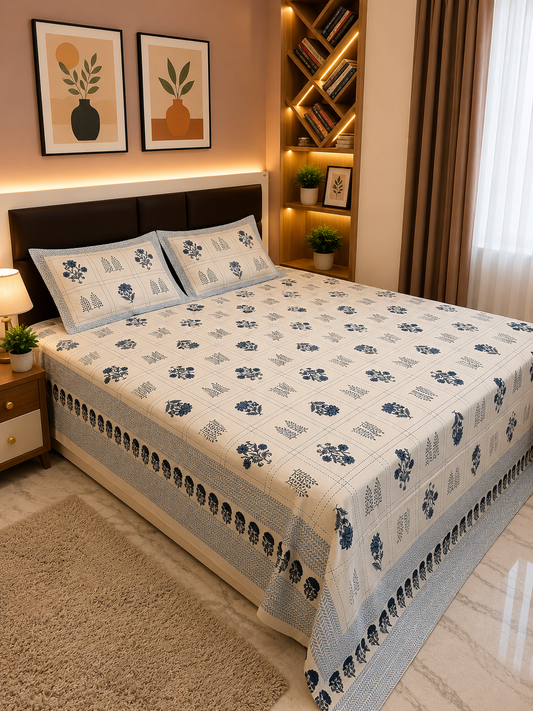 INDICASA Sanganeri Hand Block Printed Super King Bedsheet with 2 pillow covers