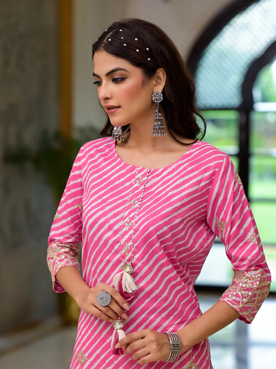 INDICASA Pink Leheriya Print Embroidered Pure Cotton Straight Kurta