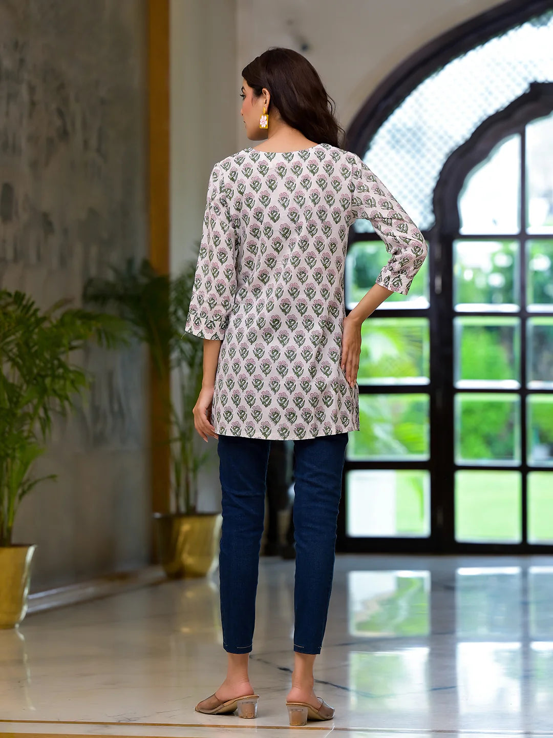 INDICASA White Floral Print Pure Cotton A-line Top