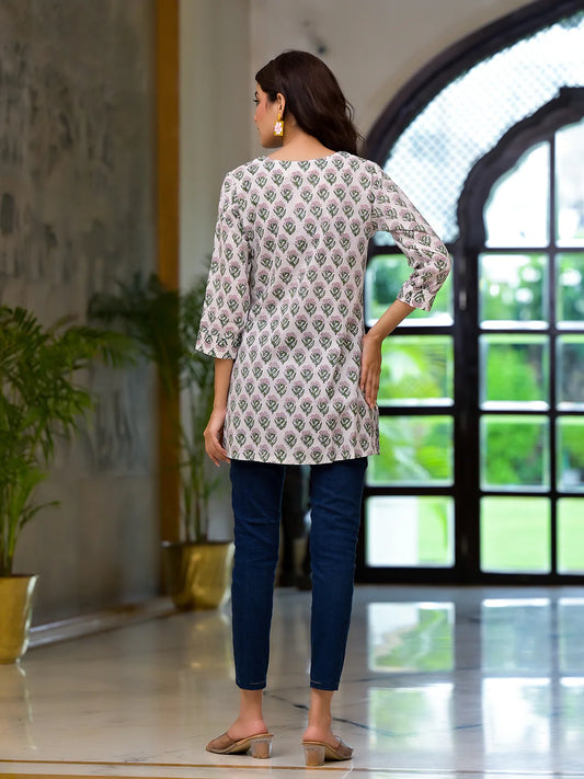 INDICASA White Floral Print Pure Cotton A-line Top