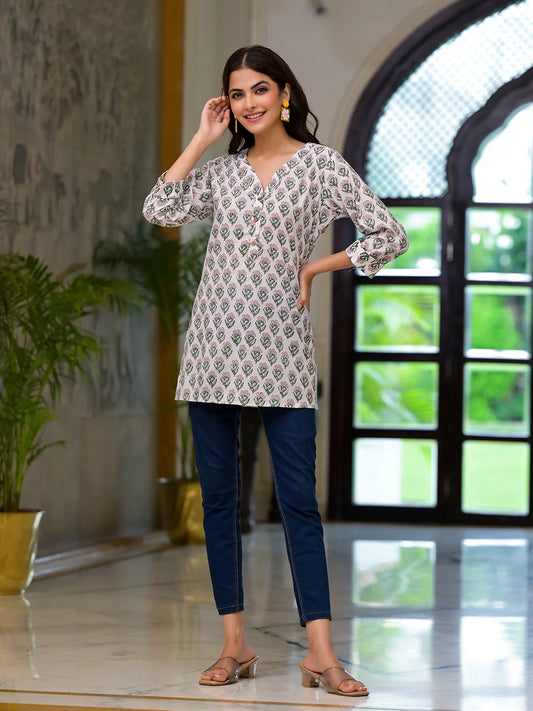 INDICASA White Floral Print Pure Cotton A-line Top