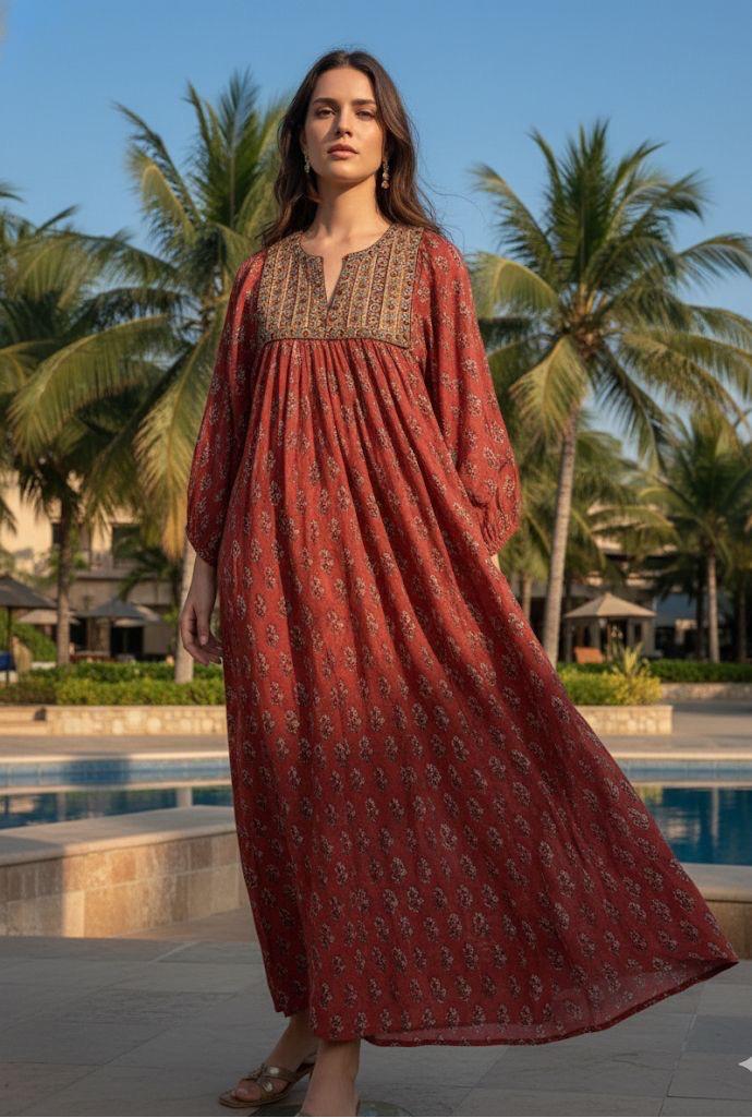 INDICASA Maroon Printed Cotton Dress for Women