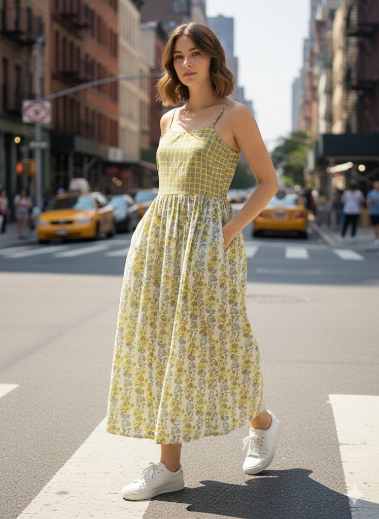 INDICASA Green Floral Printed Cotton Dress for Women