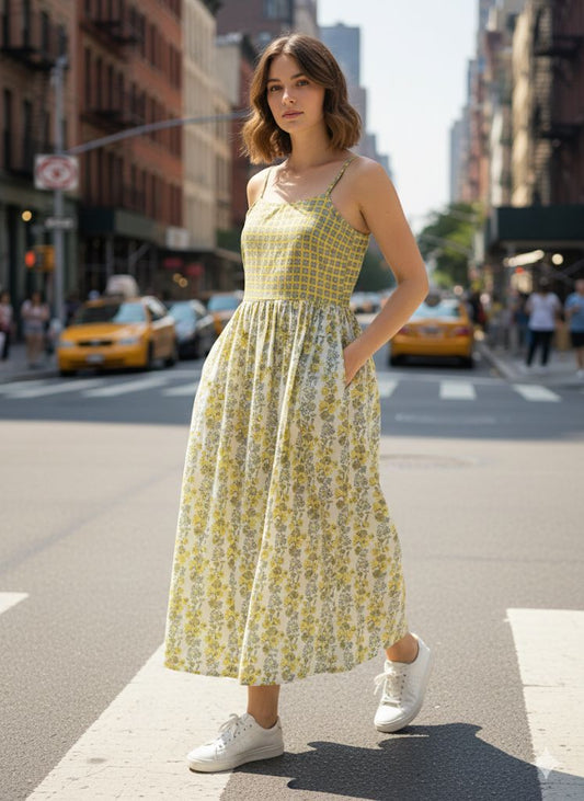 INDICASA Green Floral Printed Cotton Dress for Women