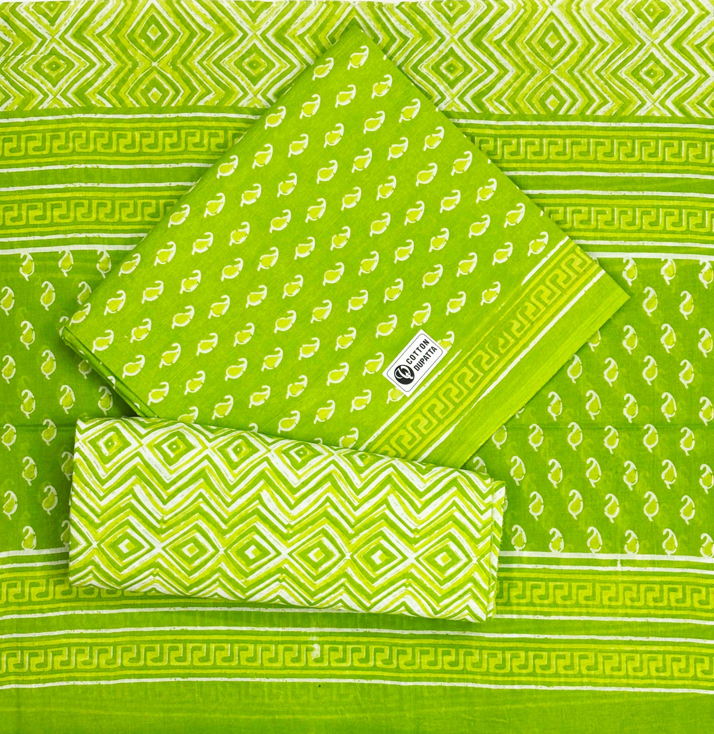 Unstitched Pure Cotton Suit with Cotton Dupatta (Green)