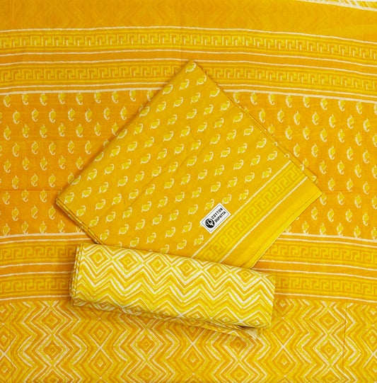 Unstitched Pure Cotton Suit with Cotton Dupatta (Yellow)