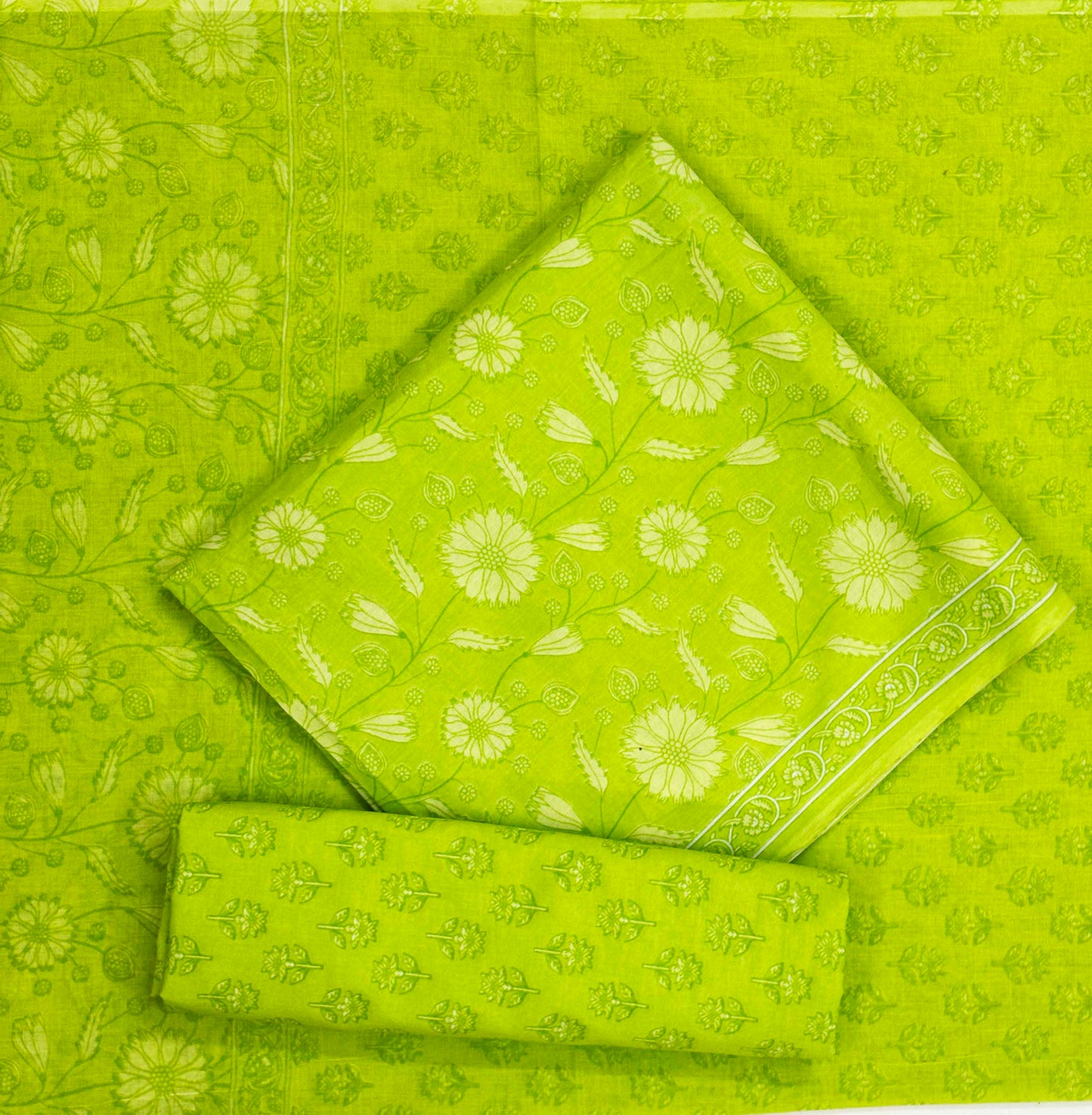 Unstitched Pure Cotton Suit with Cotton Dupatta (Green)