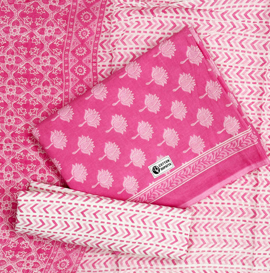 Unstitched Pure Cotton Suit with Cotton Dupatta (Pink)