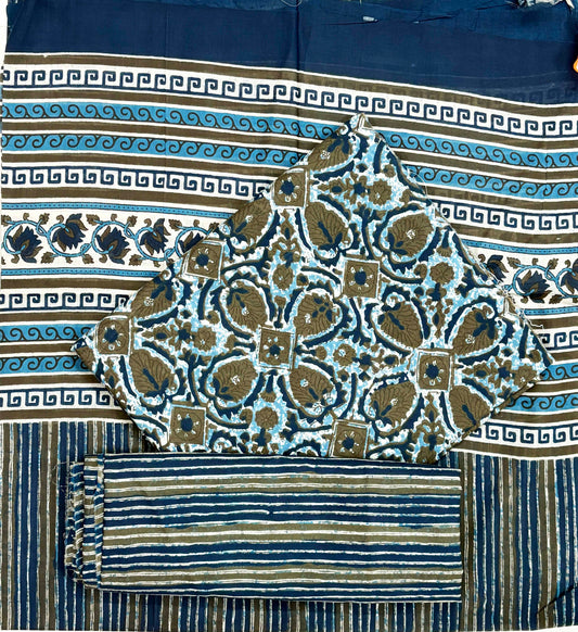 Unstitched Pure Cotton Suit with Cotton Dupatta (Blue)