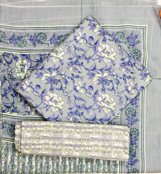 Unstitched Pure Cotton Suit with Cotton Dupatta (Light Blue)