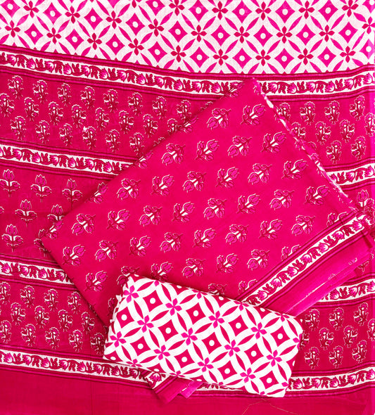 INDICASA Jaipuri Bloom Printed Cotton Suit With Cotton Dupatta (Magenta)