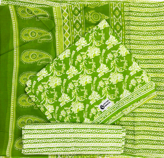 Unstitched Pure Cotton Suit with Cotton Dupatta (Green)