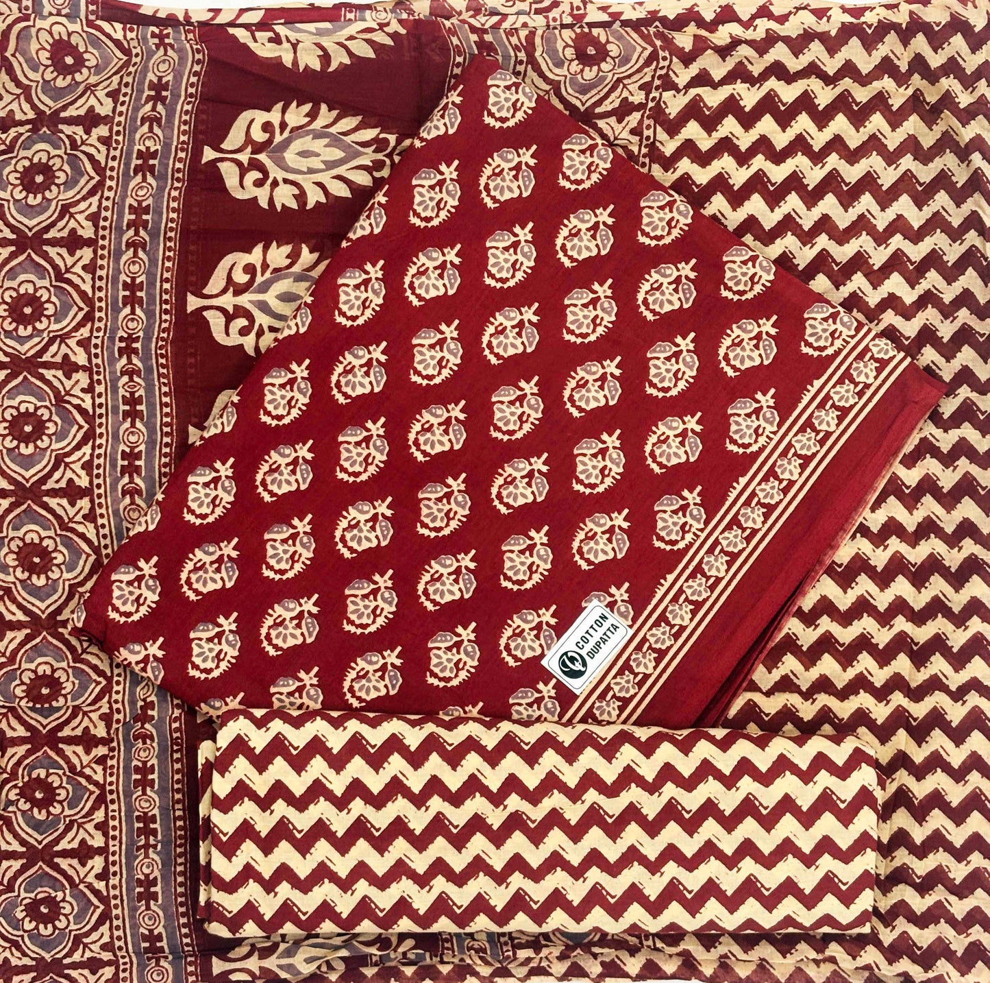 Unstitched Pure Cotton Suit with Cotton Dupatta (Maroon)