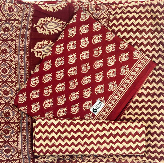 Unstitched Pure Cotton Suit with Cotton Dupatta (Maroon)