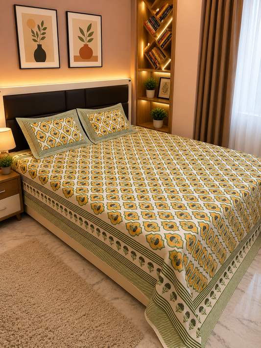 INDICASA Festive Radiance Hand Block Printed Super King Bedsheet with 2 pillow covers
