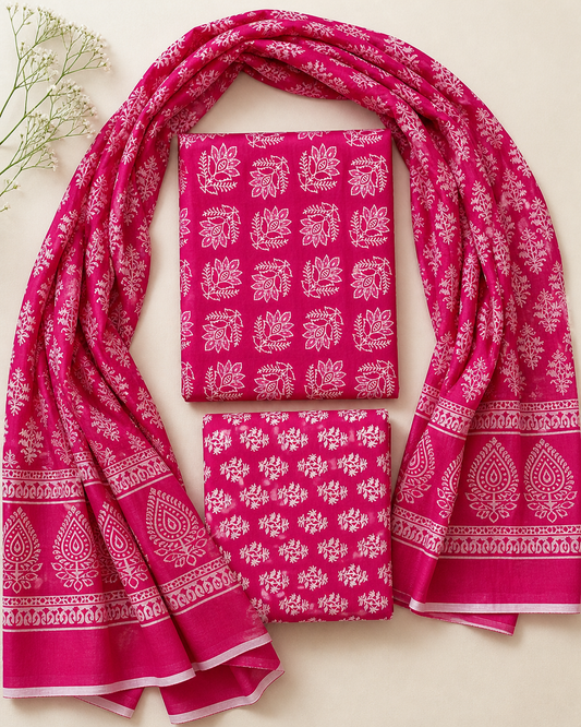 Unstitched Pure Cotton Suit with Cotton Dupatta (Magenta)