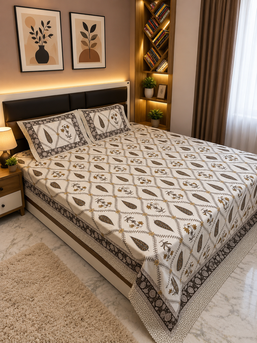 INDICASA Wild Whispered Flowers and Buti Motifs Hand Block Printed Super King Bedsheet with 2 pillow covers