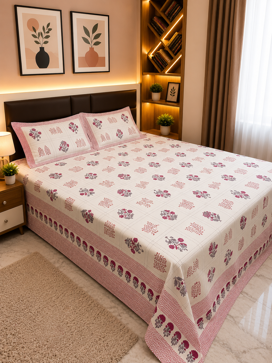 INDICASA Multicolor Sanganeri Hand Block Printed Super King Bedsheet with 2 pillow covers