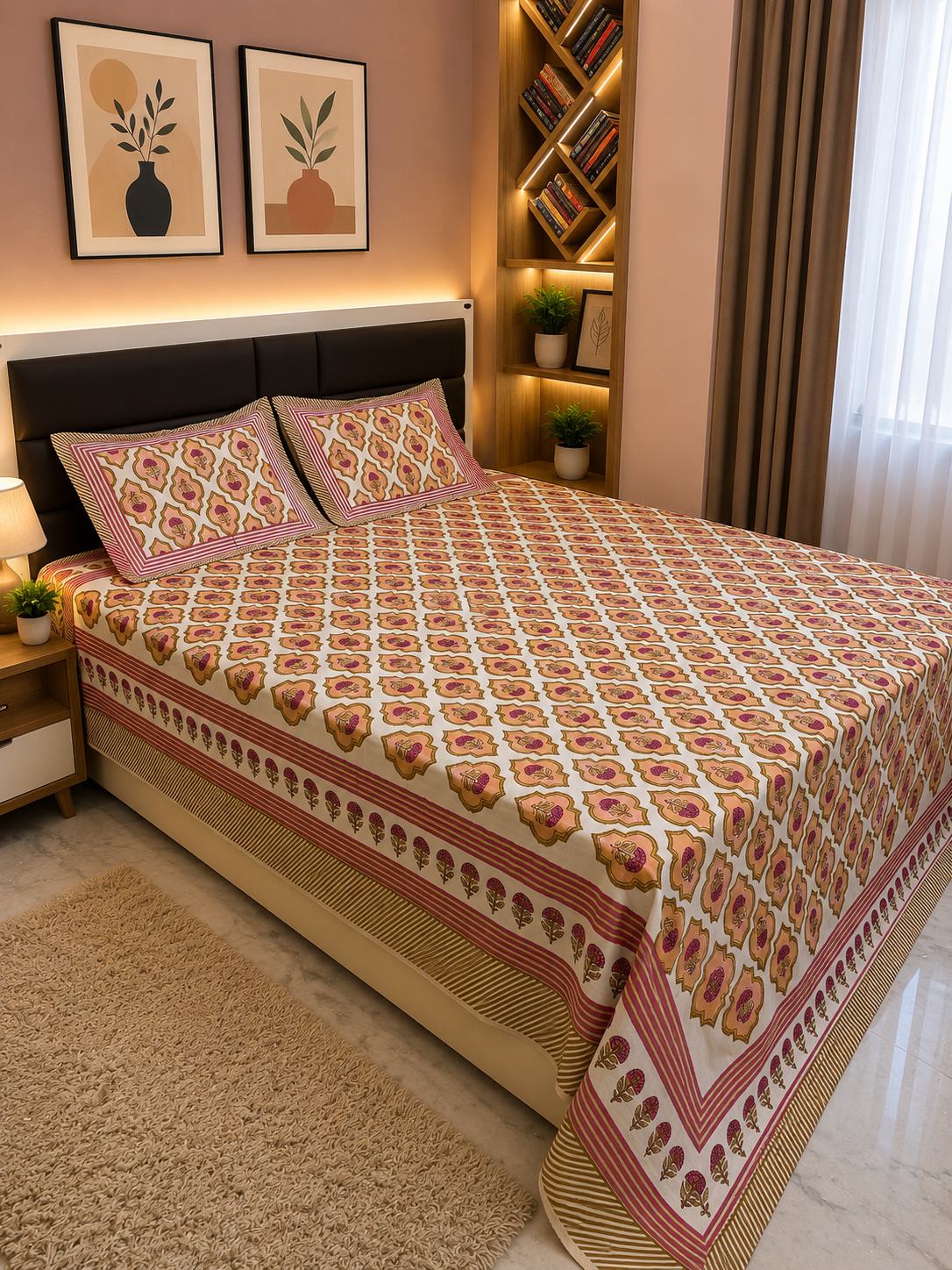 INDICASA Festive Radiance Hand Block Printed Super King Bedsheet with 2 pillow covers