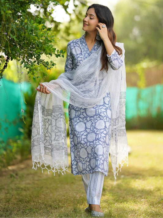 INDICASA Sky blue Hand Block Printed Straight kurta Pant Set with Dupatta