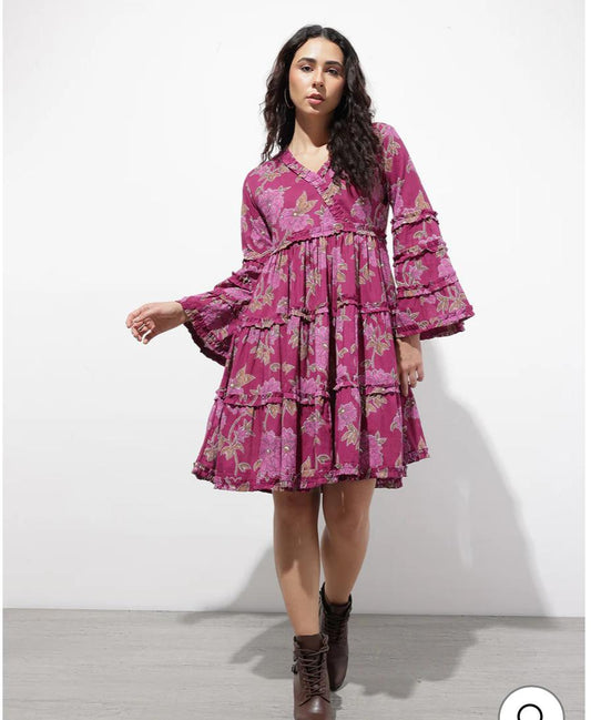 INDICASA Purple V-Neck Midi Cotton Dress