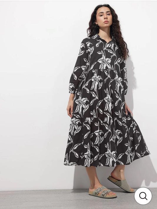 INDICASA Black Shirt Collar Cotton Dress